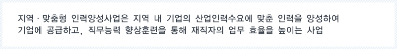 지역·맞춤형 인력양성사업은 지역 내 기업의 산업인력수요에 맞춘 인력을 양성하여 기업에 공급하고, 직무능력 향상훈련을 통해 재직자의 업무 효율을 높이는 사업