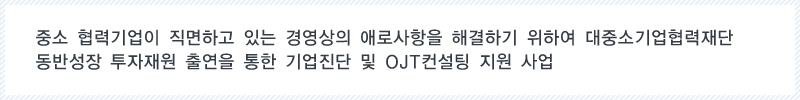 중소 협력기업이 직면하고 있는 경영상의 애로사항을 해결하기 위하여 대중소기업협력재단 동반성장 투자재원 출연을 통한 기업진단 및 OJT컨설팅 지원 사업