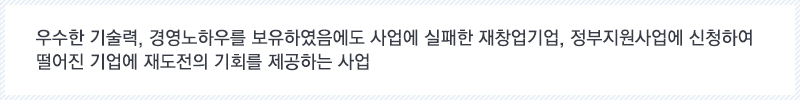 우수한 기술력, 경영노하우를 보유하였슴에도 사업에 실패한 재창업기업, 정부지원사업에 신청하여 떨어진 기업에 재도전의 기회를 제공하는 사업