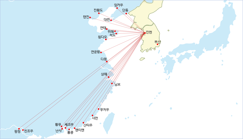 중국항로. 인천 - 단동 - 잉커우 - 다롄 - 친황다오 - 텐진 - 옌타이 - 웨이하이 - 쓰다오 - 칭다오 - 롄윈강 - 상하이 - 닝보 - 부산 - 칭다오
