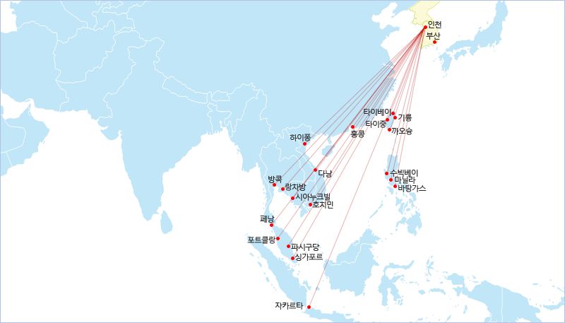 동남아항로. 인천 - 다롄 - 텐진 - 칭다오 - 롄윈강 - 부산 - 상하이 - 닝보 - 푸저우 - 샤먼 - 산터우 - 타이베이 - 타이중 - 까오슝 - 둥관 - 선전 - 광저우 - 주하이 - 마닐라 - 하이퐁 - 방콕 - 람차방 - 호치민 - 파시구당 - 싱가포르 - 페낭 - 포트클랑 - 자카르타 - 수라비아